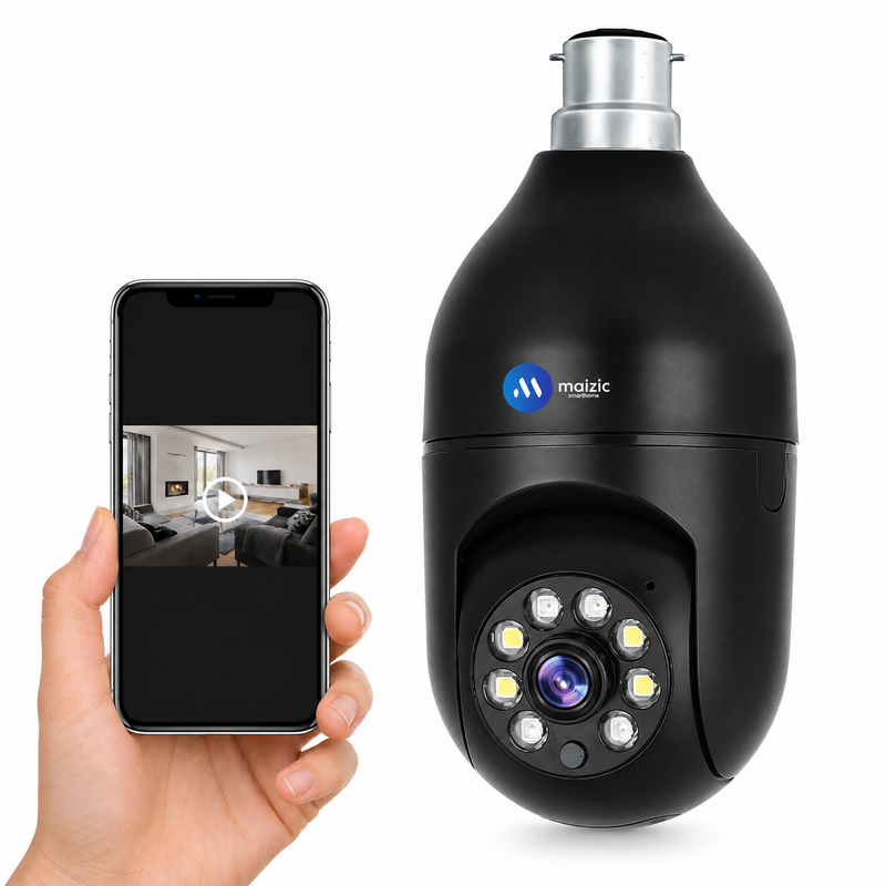 Maizic Smarthome 3MP WiFi Bulb Security Camera | 360° PTZ | AI Human Detection | Full Color Night Vision | Two-Way Audio | Easy B22 Installation | Remote Mobile Monitoring