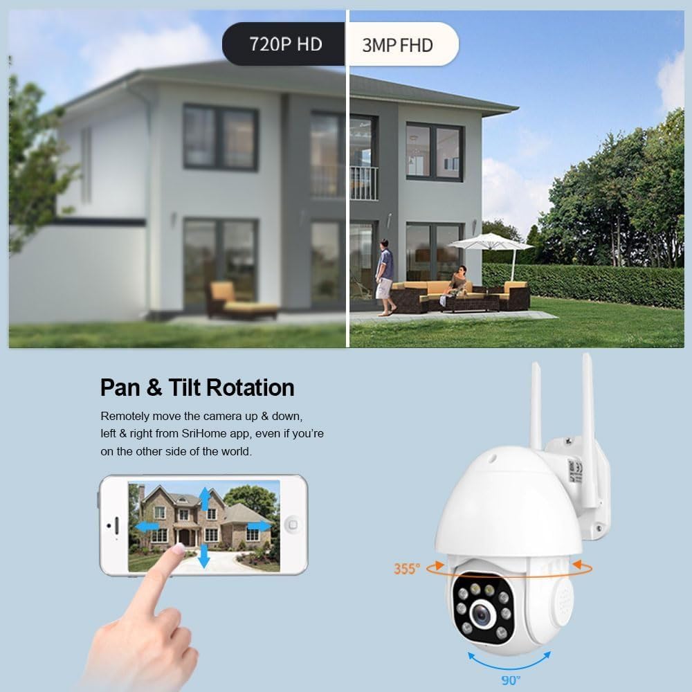 Srihome Ultracams MP Outdoor PTZ WiFi Camera with IP66 Waterproof, Colored Night Vision, NVR Compatible, Motion Detection, Motion Tracking and Two