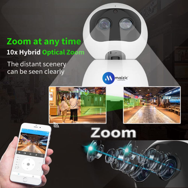 WiFi 10 X Zoom 3 MP Smart Security Camera Binocular Zoom Wide Angle 360 View PTZ with Dual Lens Face Recognition Motion Detection Alarm